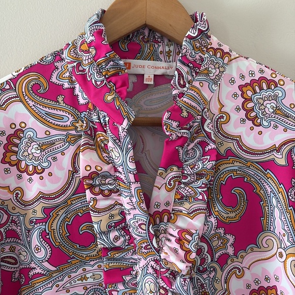 Jude Connally Palm Beach Paisley Pink Long Sleeve Top Ruffle V Neck Size S - Picture 3 of 8
